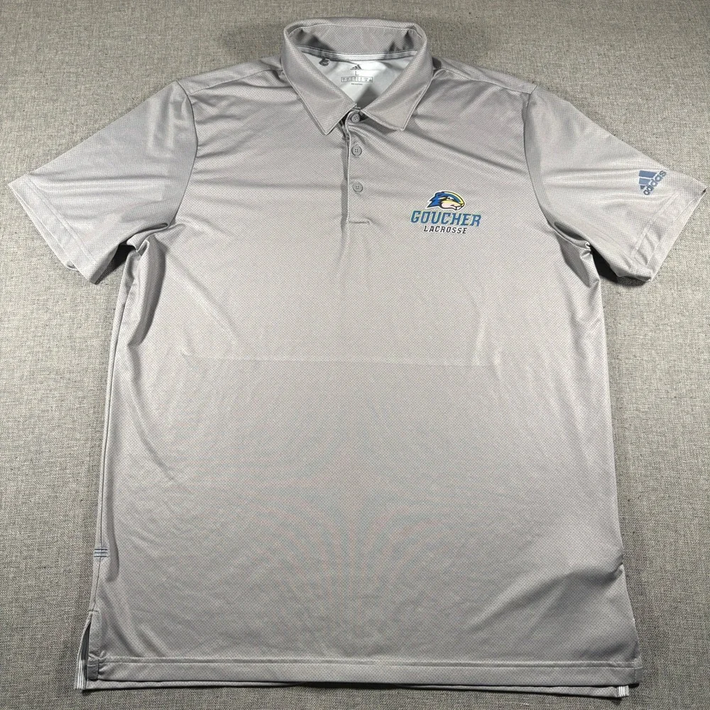 Adidas Polo Shirt Mens Large Gray Goucher Lacrosse Short Sleeve Performance Logo